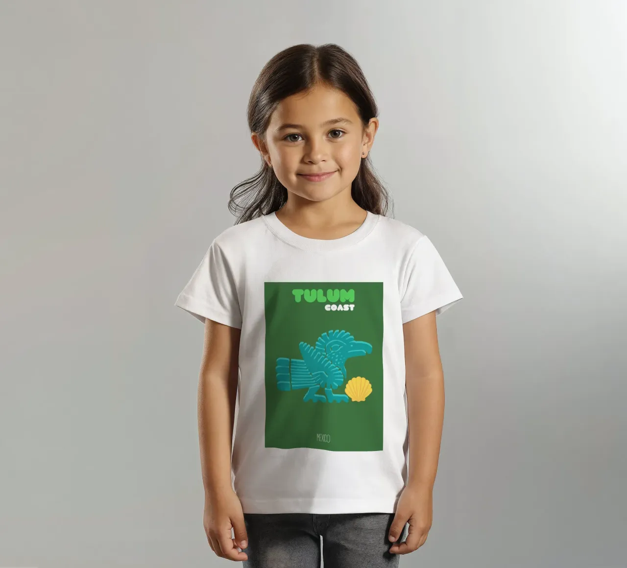 "Tulum Coast" Ancient Aztec Bird & Shell, Flat Design Art Pr kids t-shirt by NorwesClub
