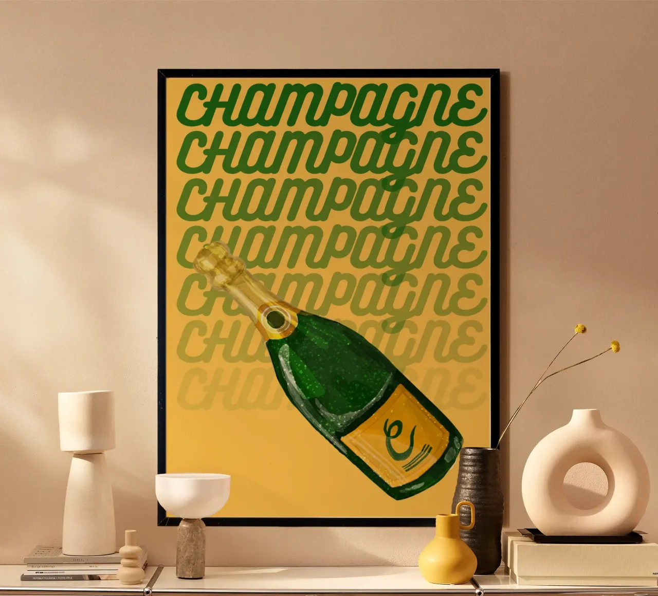 "Champagne Dreams Pop Art Print - Decorazioni festive e di tendenza". poster con telaio in legno da NorwesClub