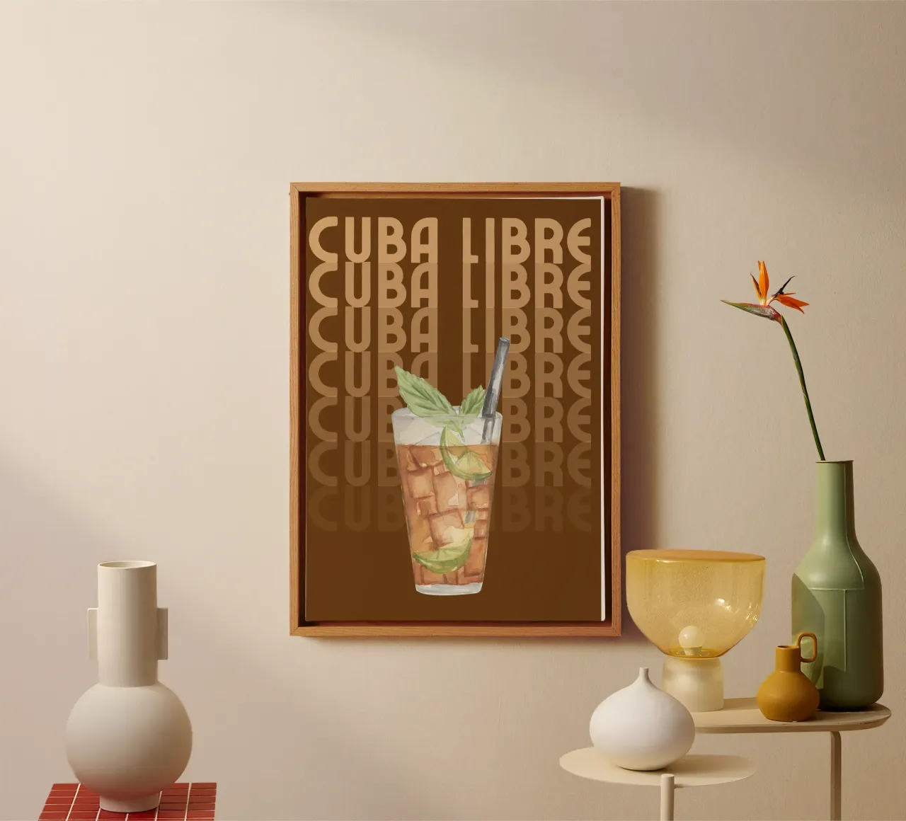 Cuba Libre Cocktail Kunstdruck: Tropisches Getränk Dekor Leinwand mit Schattenfugenrahmen von NorwesClub