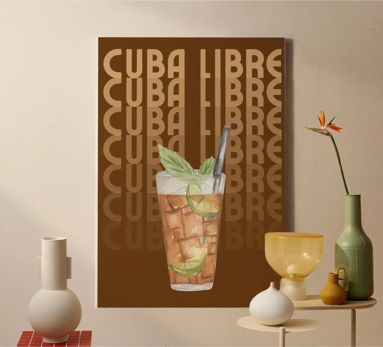 Cuba Libre Cocktail Kunstdruck: Tropisches Getränk Dekor Leinwand mit Schattenfugenrahmen von NorwesClub