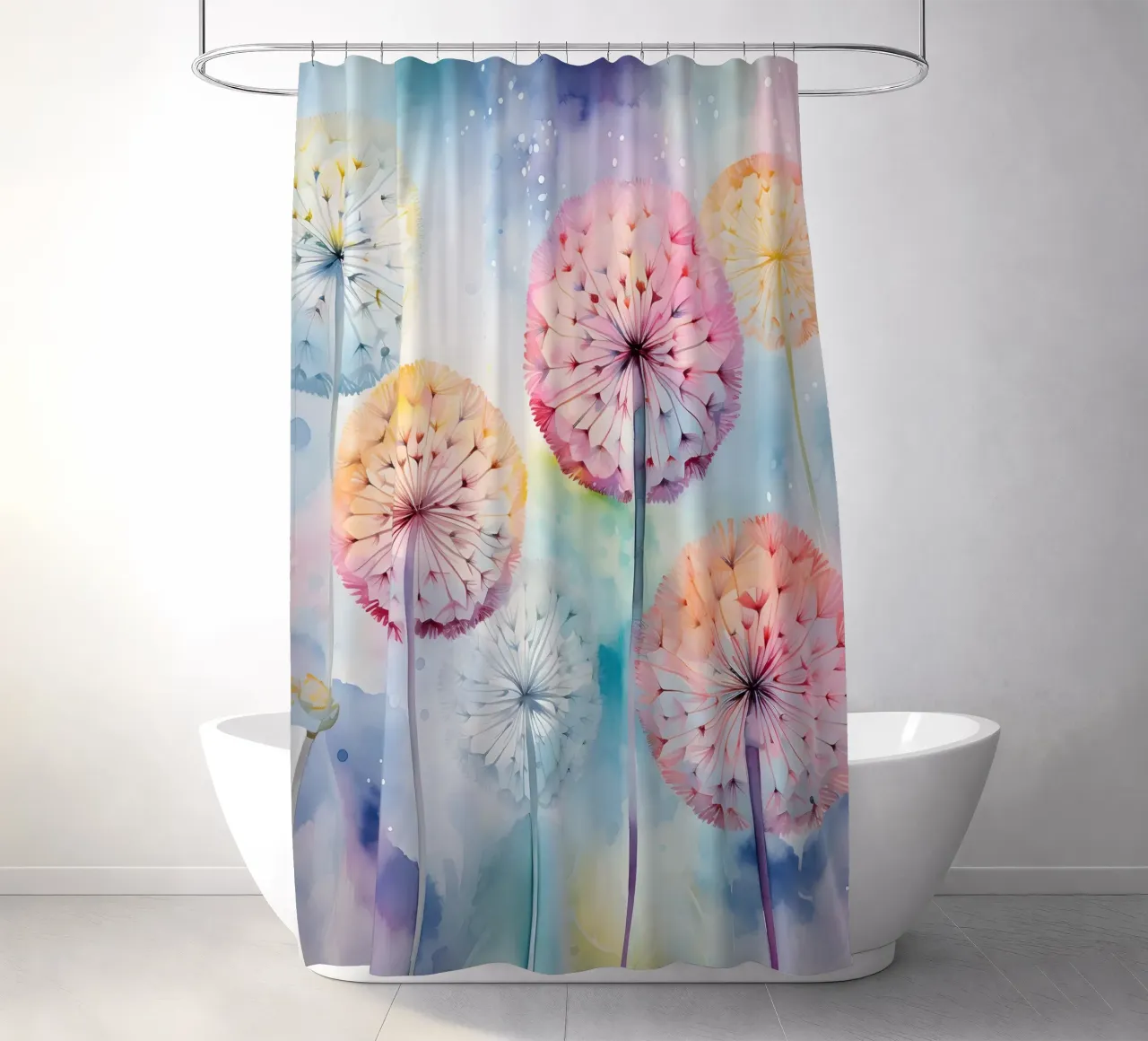 Whimsical Dandelion Whispers shower curtain by Botanical Pattern House
