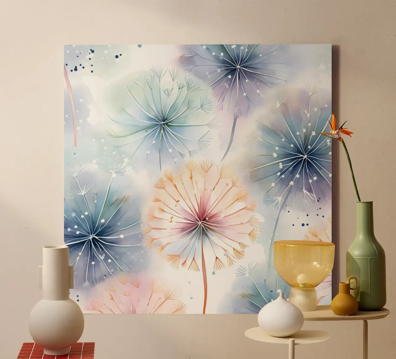 Whimsical Dandelion Whispers canvas with Floater frame by Botanical Pattern House