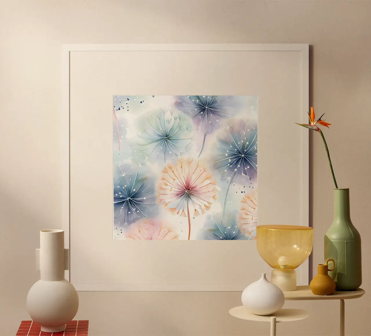 Sussurri stravaganti del dente di leone poster con telaio in legno da Botanical Pattern House