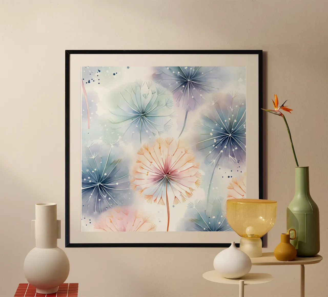 Sussurri stravaganti del dente di leone poster con telaio in legno da Botanical Pattern House