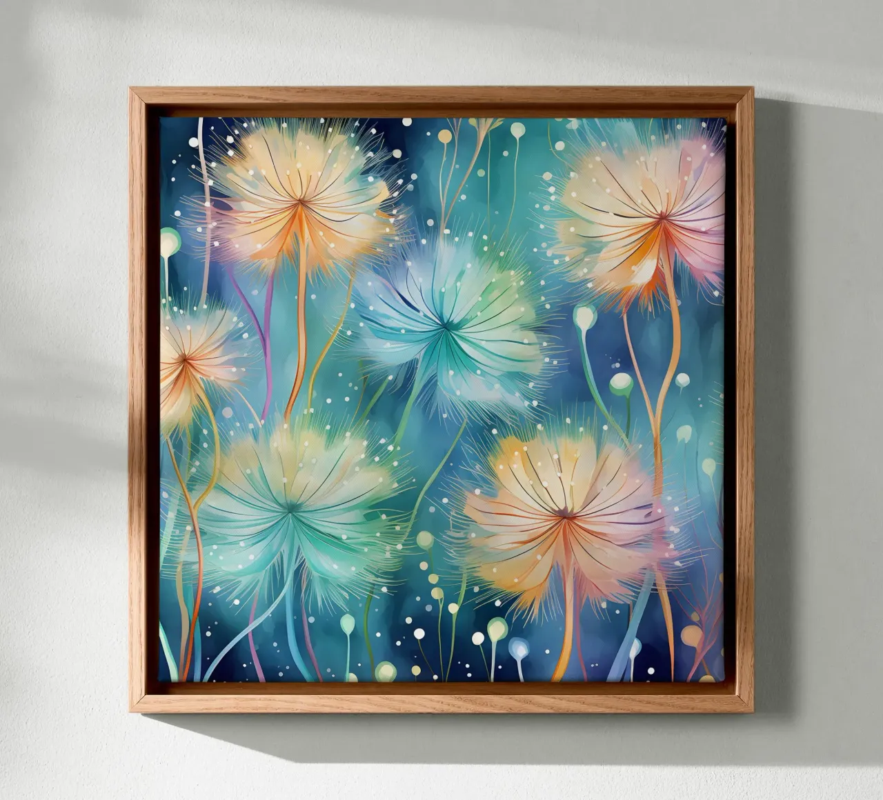 Whimsical Dandelion Whispers canvas with Floater frame by Botanical Pattern House