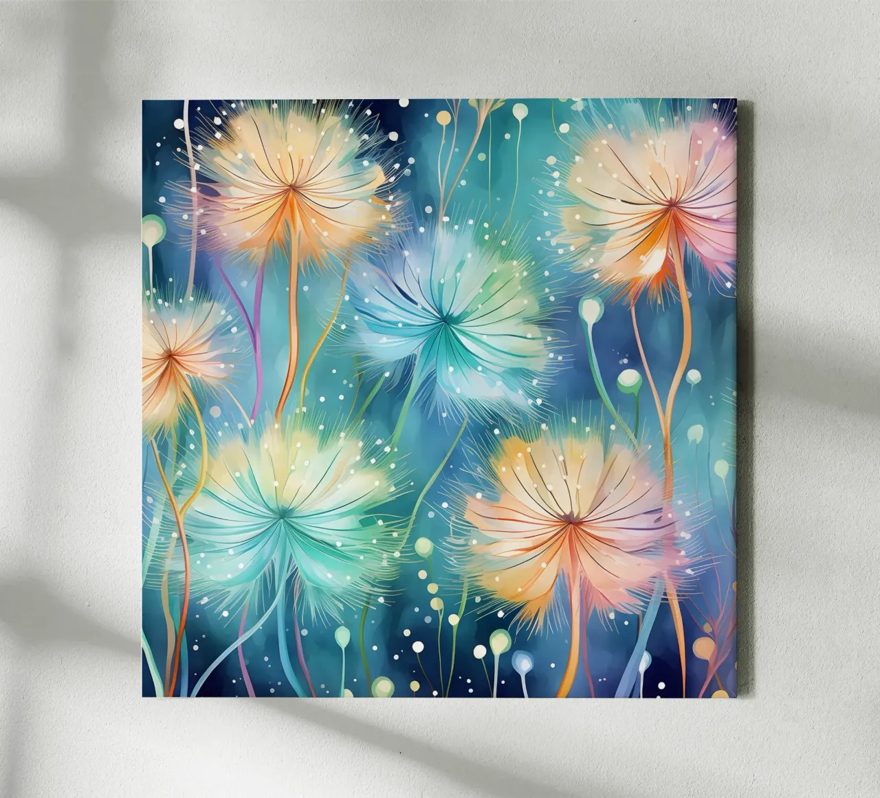 Whimsical Dandelion Whispers canvas with Floater frame by Botanical Pattern House