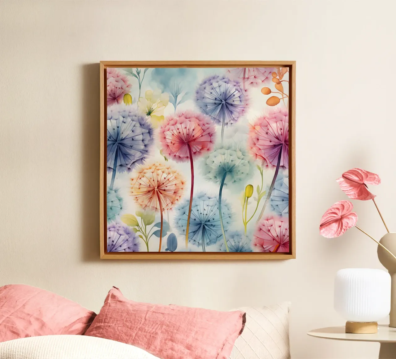 Whimsical Dandelion Whispers canvas with Floater frame by Botanical Pattern House