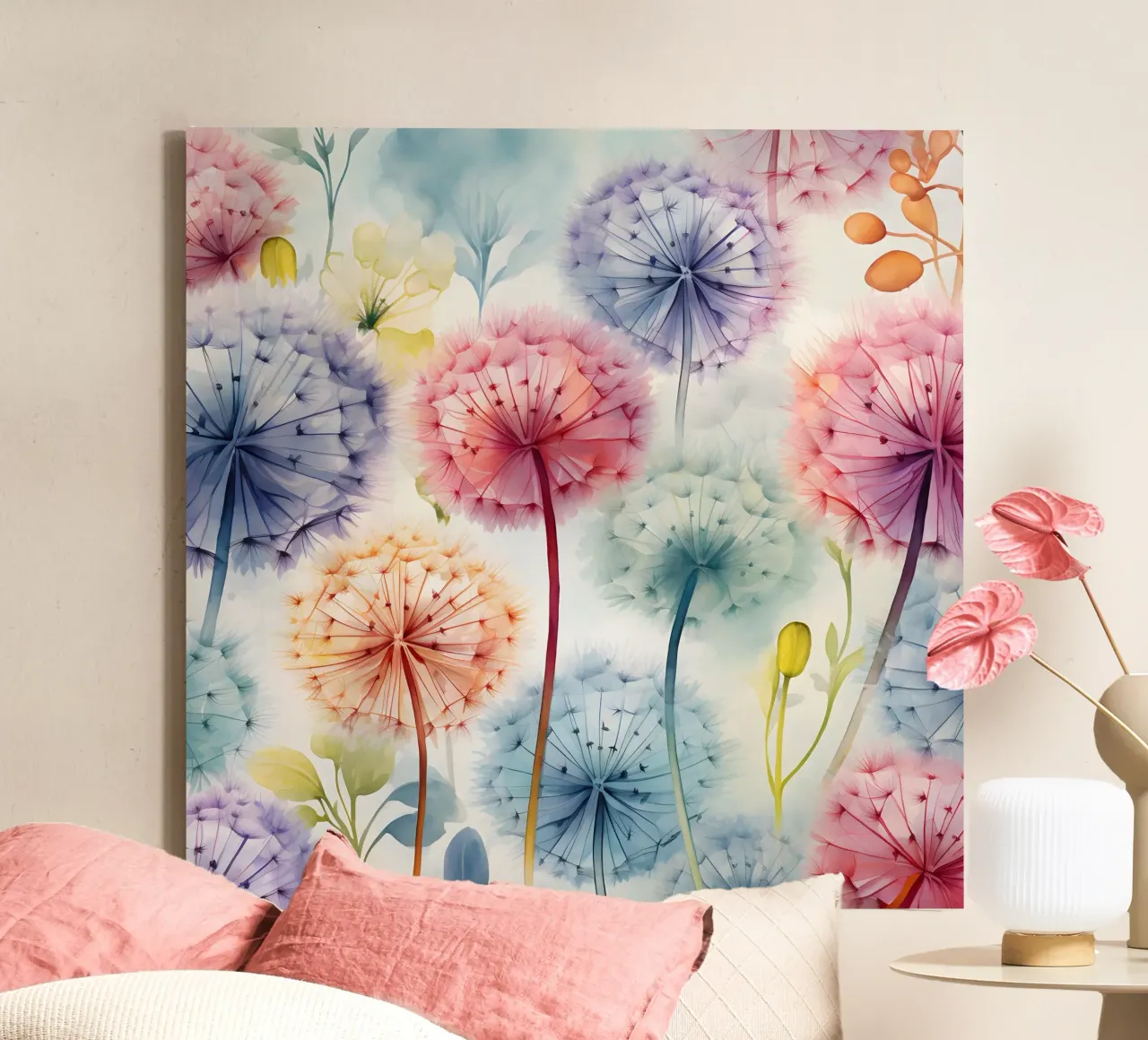 Whimsical Dandelion Whispers canvas with Floater frame by Botanical Pattern House