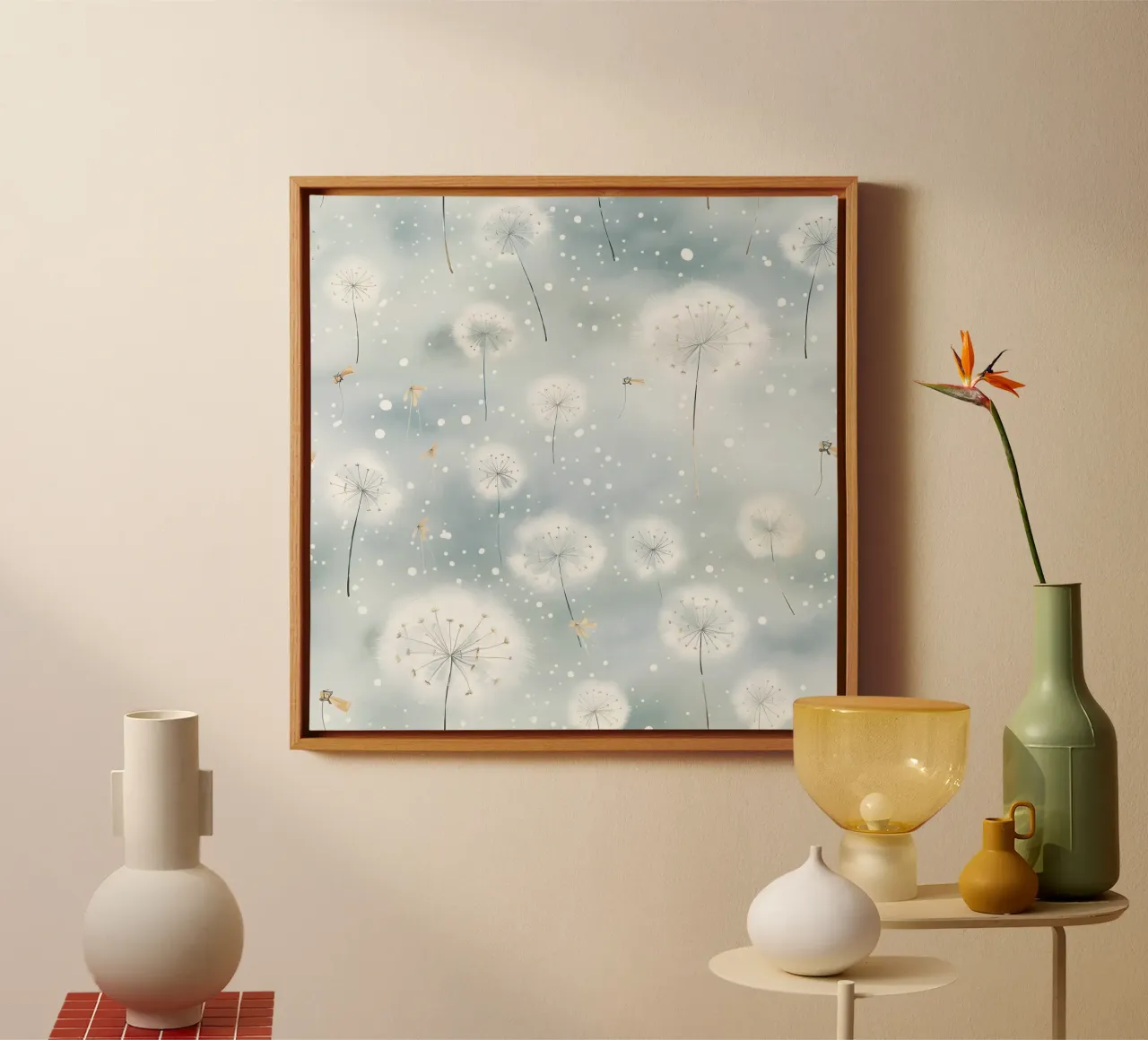 Whispers of Dandelions canvas with Floater frame by Botanical Pattern House