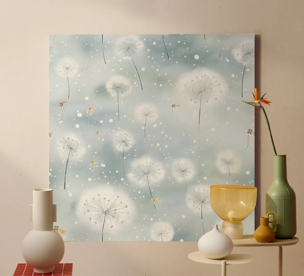 Whispers of Dandelions canvas with Floater frame by Botanical Pattern House