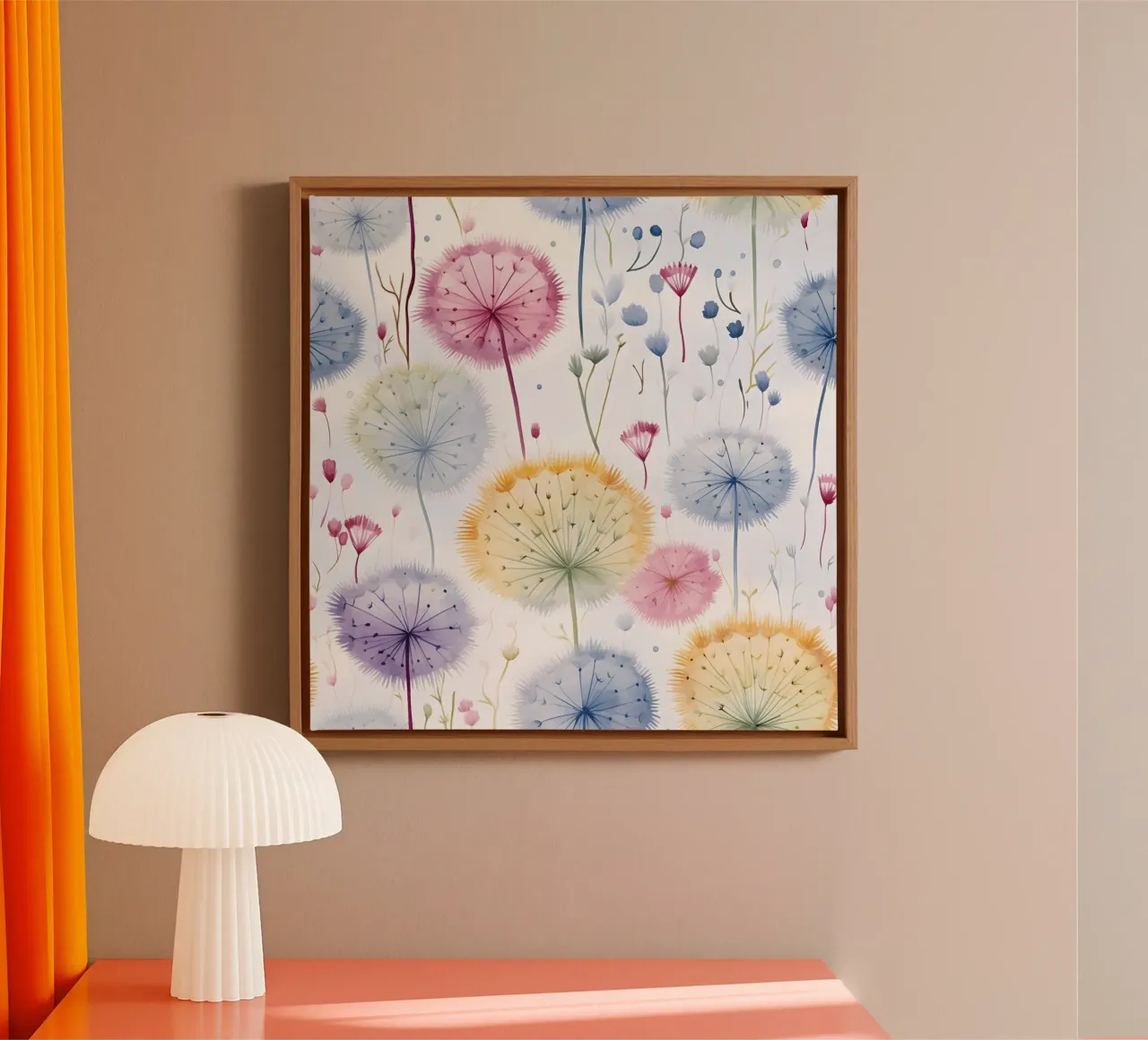 Whispers of Dandelions canvas with Floater frame by Botanical Pattern House