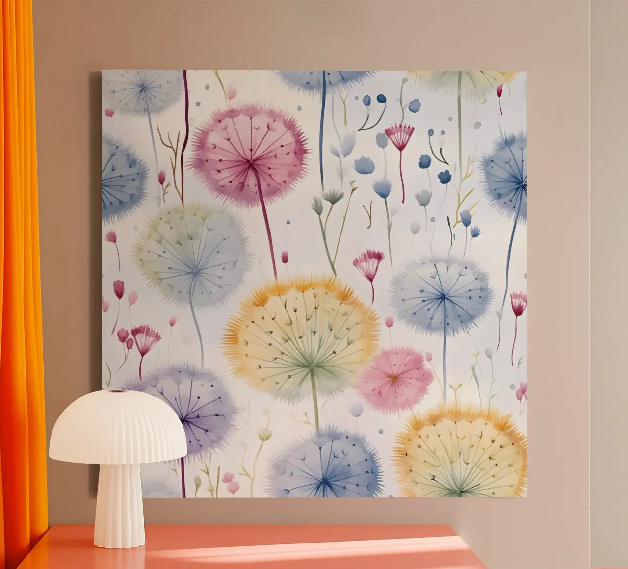 Whispers of Dandelions canvas with Floater frame by Botanical Pattern House