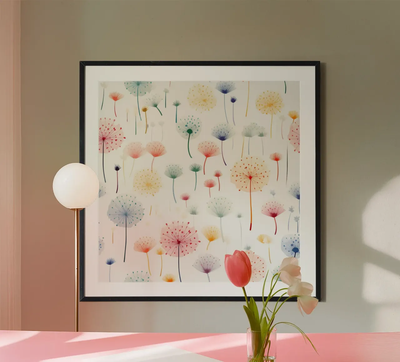 Sussurri di denti di leone poster con telaio in legno da Botanical Pattern House