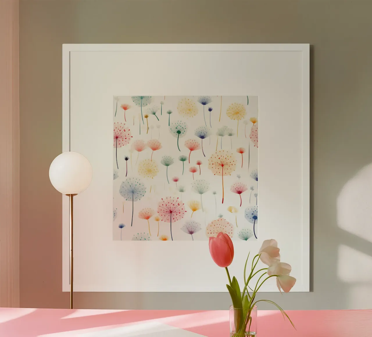 Sussurri di denti di leone poster con telaio in legno da Botanical Pattern House