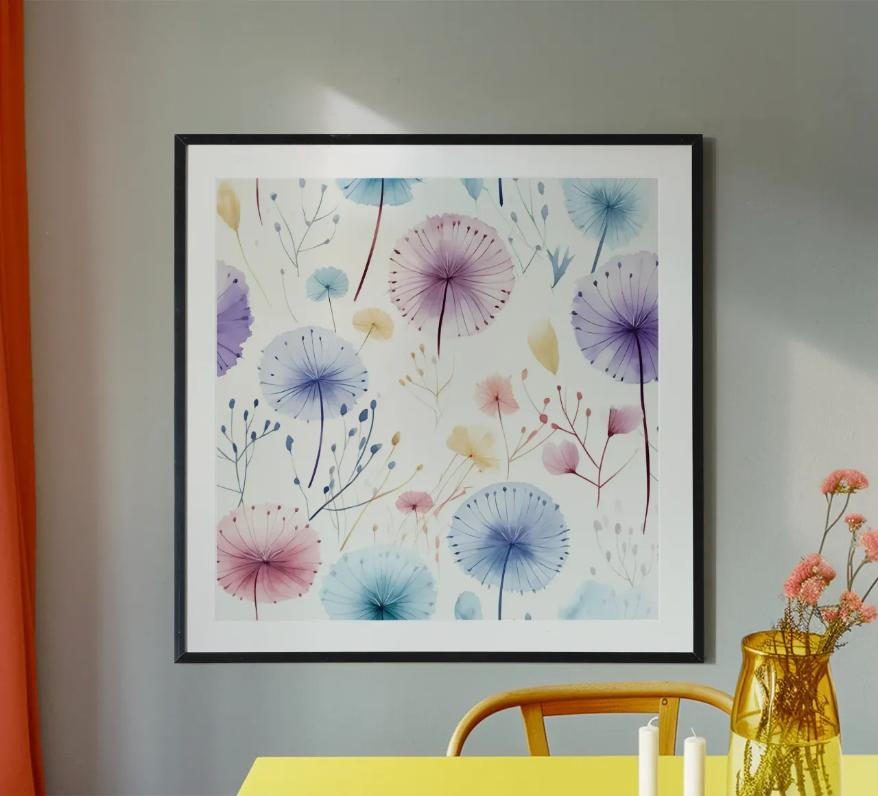 Sussurri di denti di leone poster con telaio in plastica da Botanical Pattern House