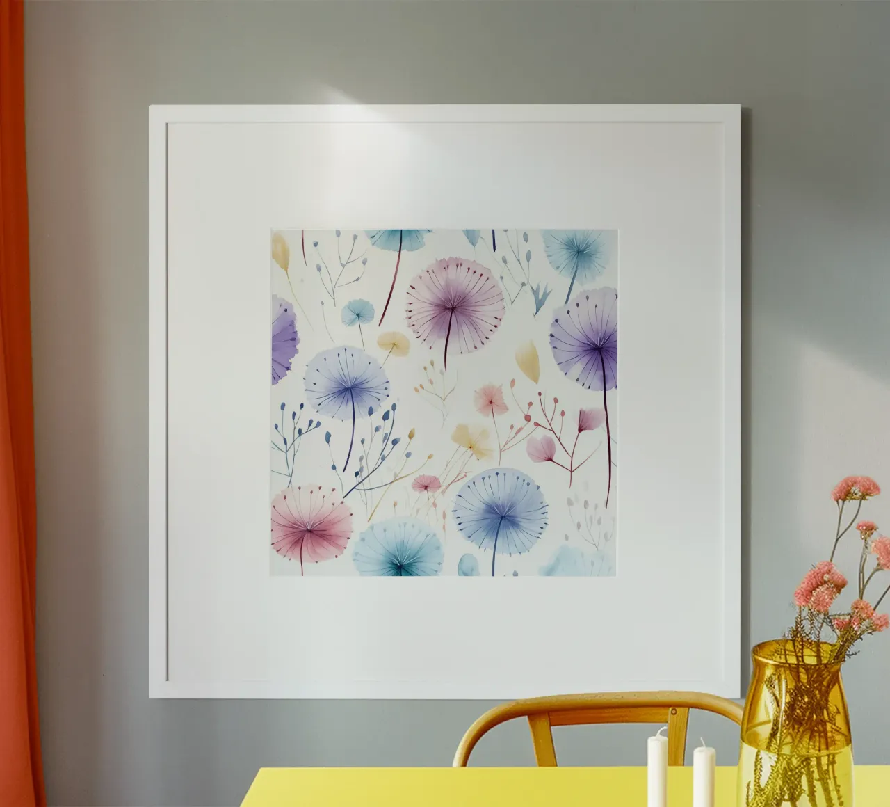 Sussurri di denti di leone poster con telaio in plastica da Botanical Pattern House