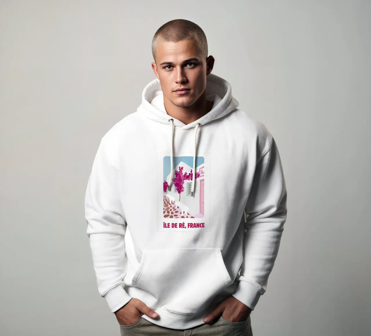 Poster di viaggio dell'Île de Ré - Bougainvillea rosa e case bianche felpa con cappuccio da NorwesClub