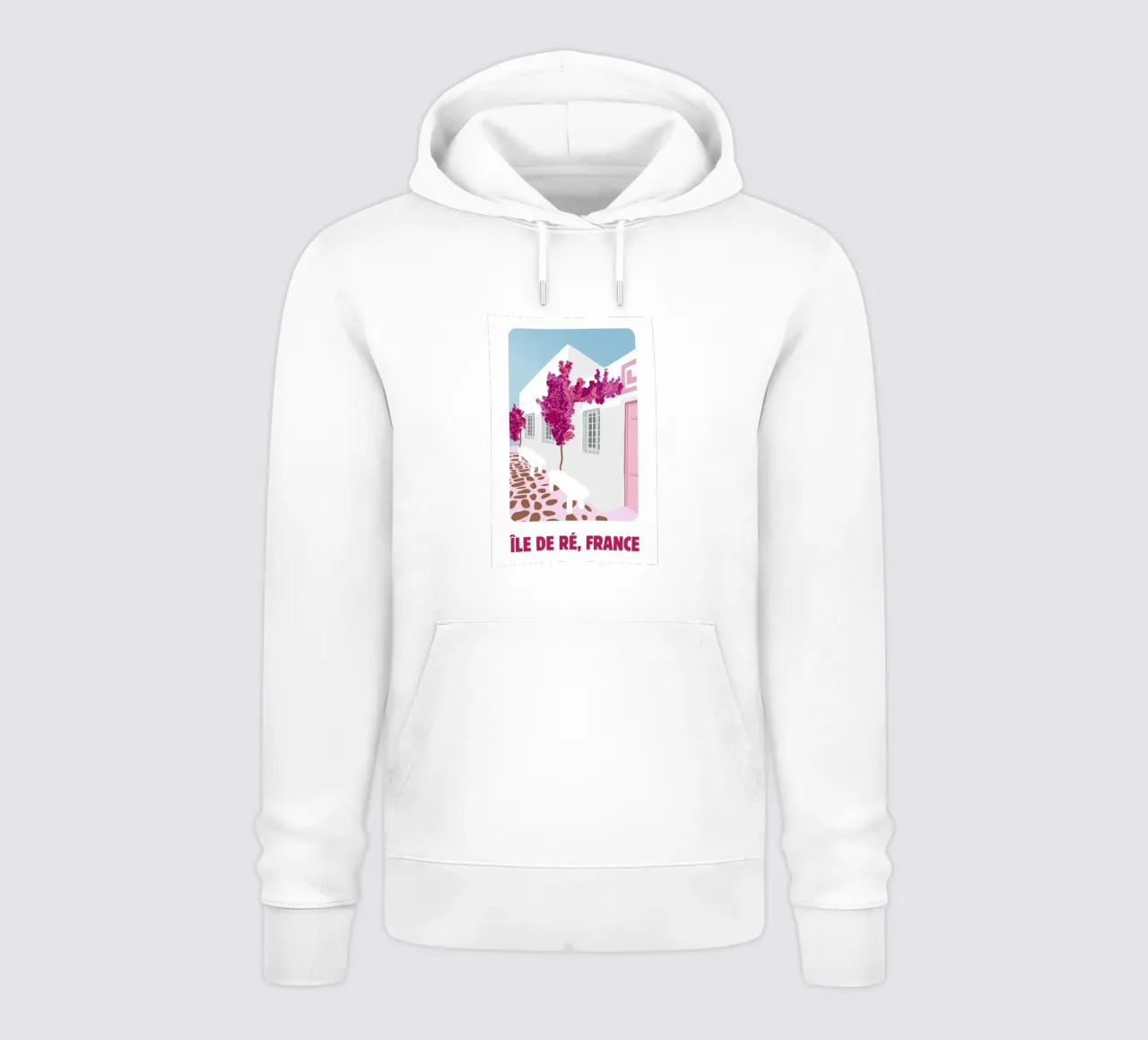 Poster di viaggio dell'Île de Ré - Bougainvillea rosa e case bianche felpa con cappuccio da NorwesClub