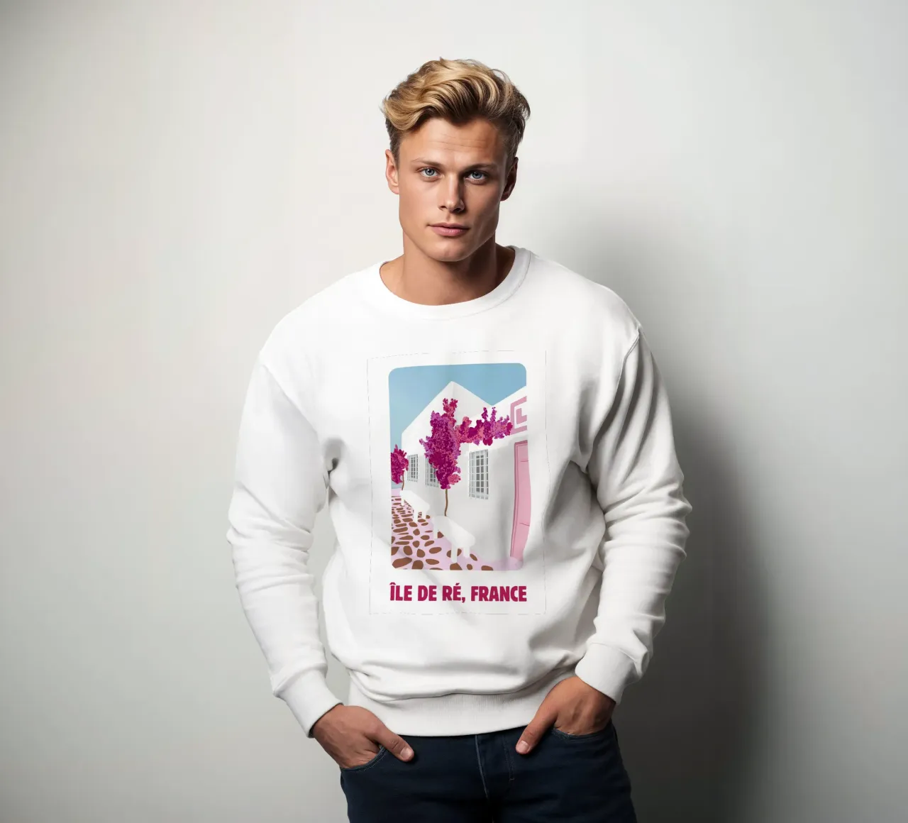 Poster di viaggio dell'Île de Ré - Bougainvillea rosa e case bianche felpa da NorwesClub
