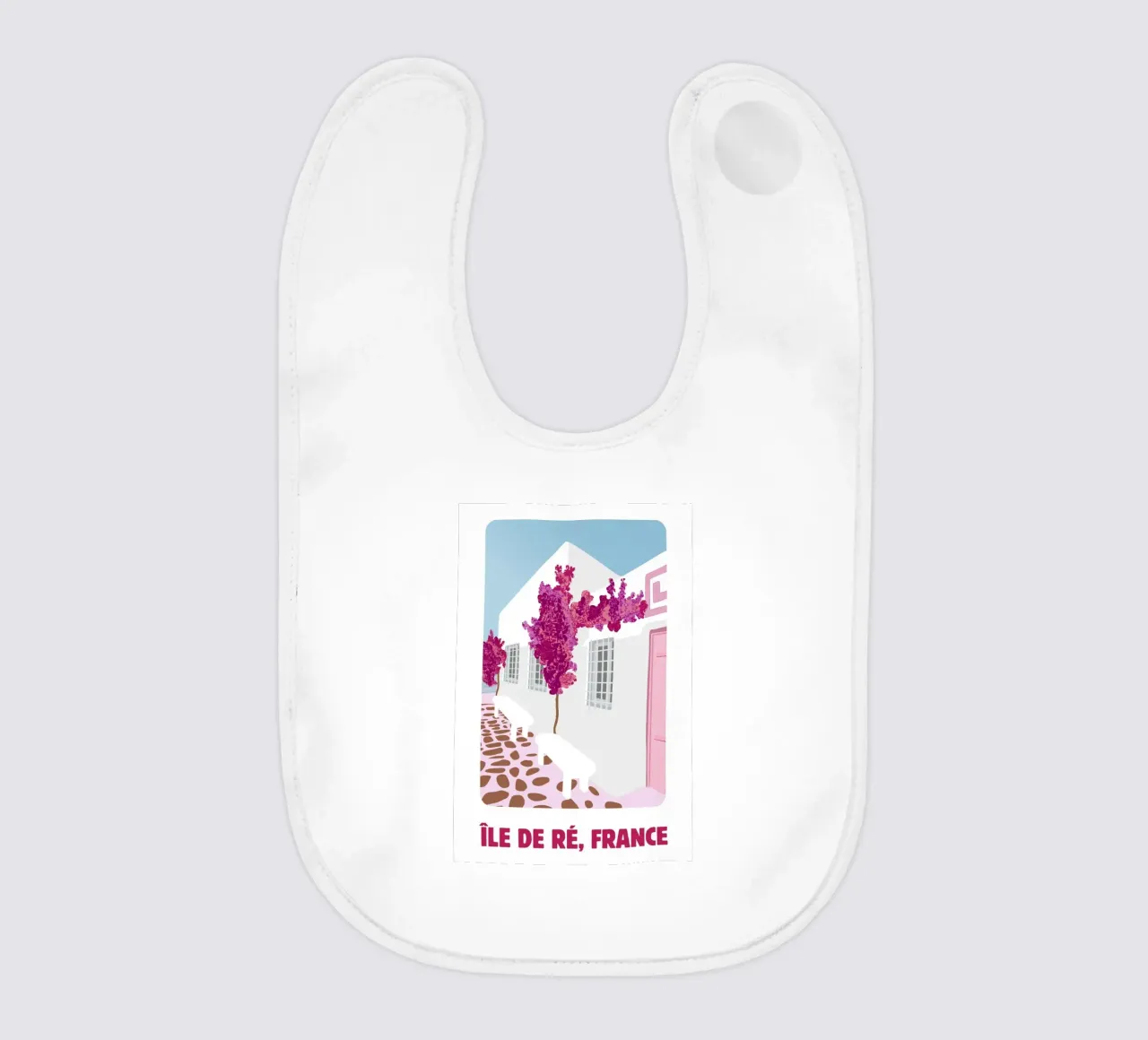 Poster di viaggio dell'Île de Ré - Bougainvillea rosa e case bianche bavaglino da NorwesClub