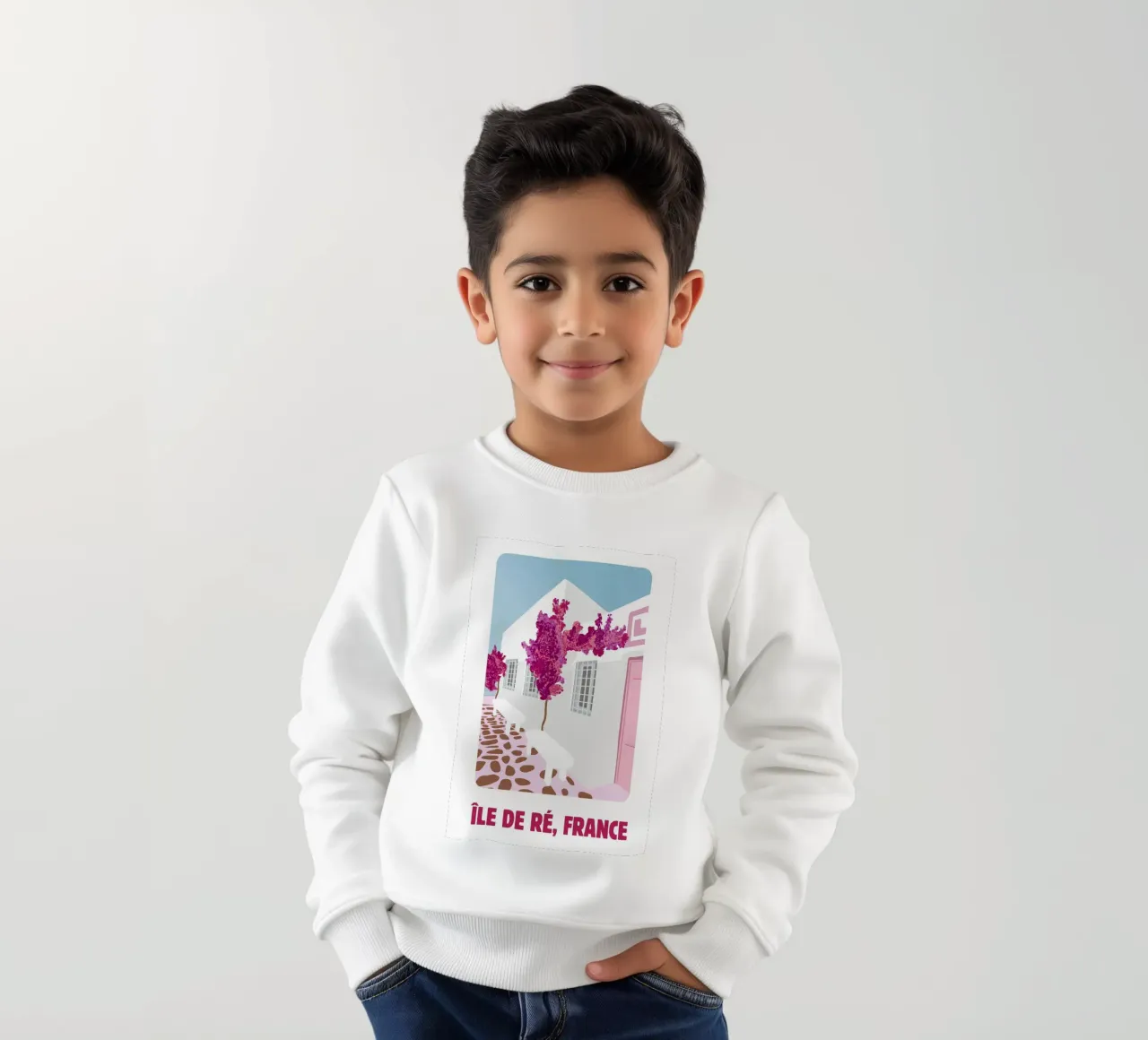 Poster di viaggio dell'Île de Ré - Bougainvillea rosa e case bianche felpa bambino da NorwesClub