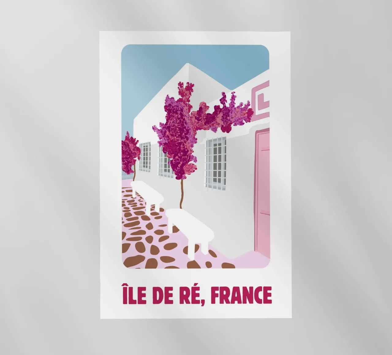 Poster di viaggio dell'Île de Ré - Bougainvillea rosa e case bianche pellicola backlit da NorwesClub