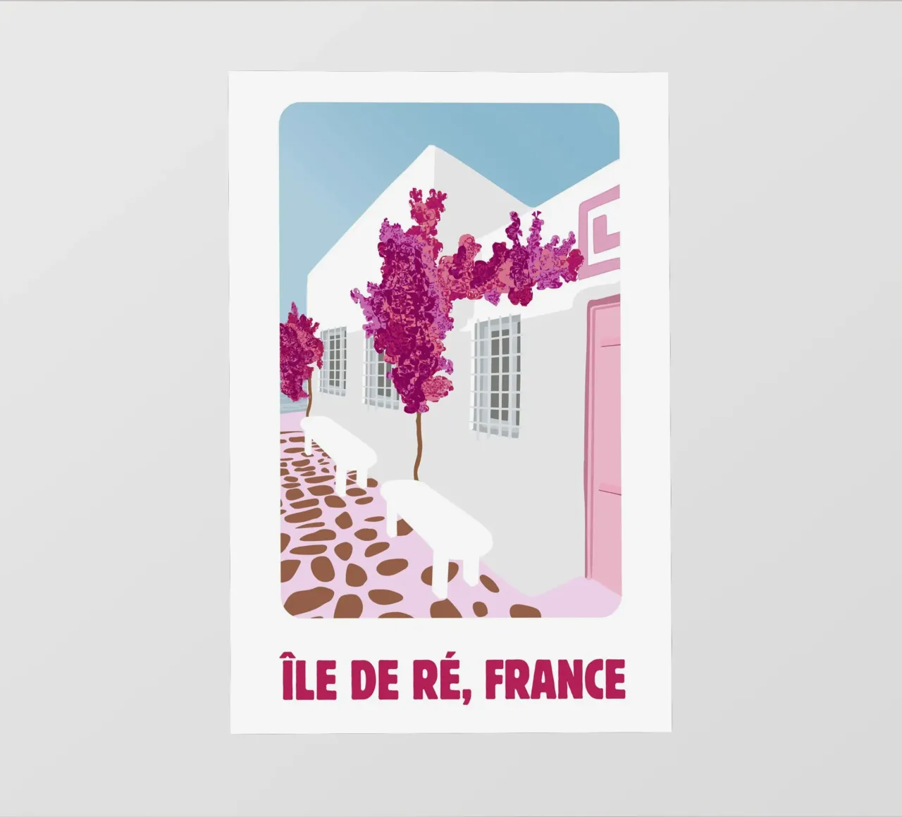 Poster di viaggio dell'Île de Ré - Bougainvillea rosa e case bianche telo in pvc da NorwesClub