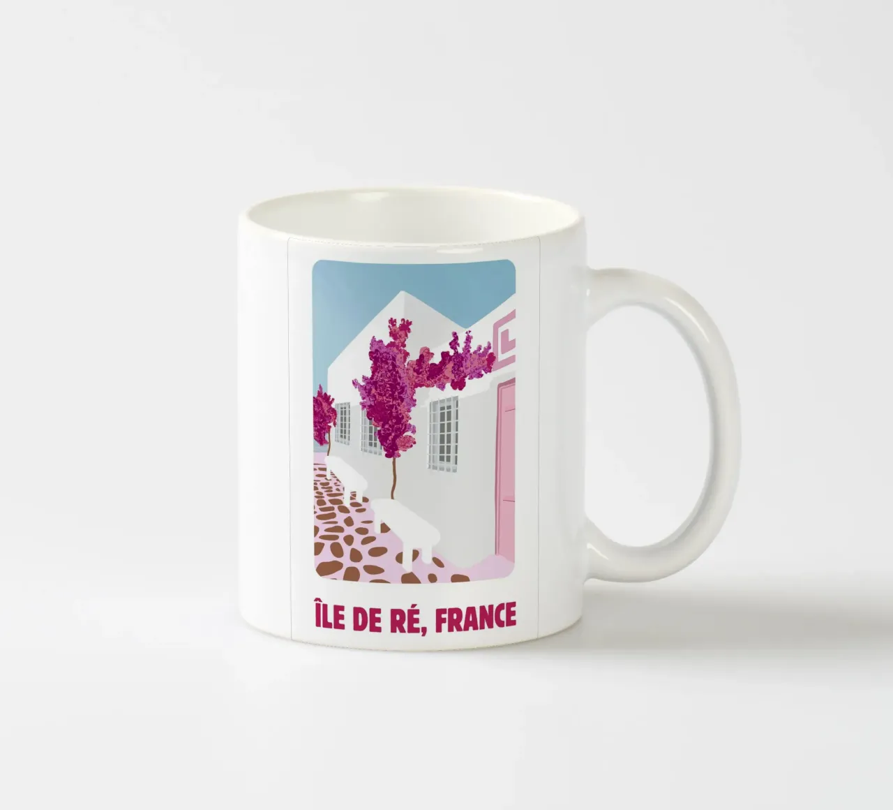 Poster di viaggio dell'Île de Ré - Bougainvillea rosa e case bianche tazza in ceramica da NorwesClub