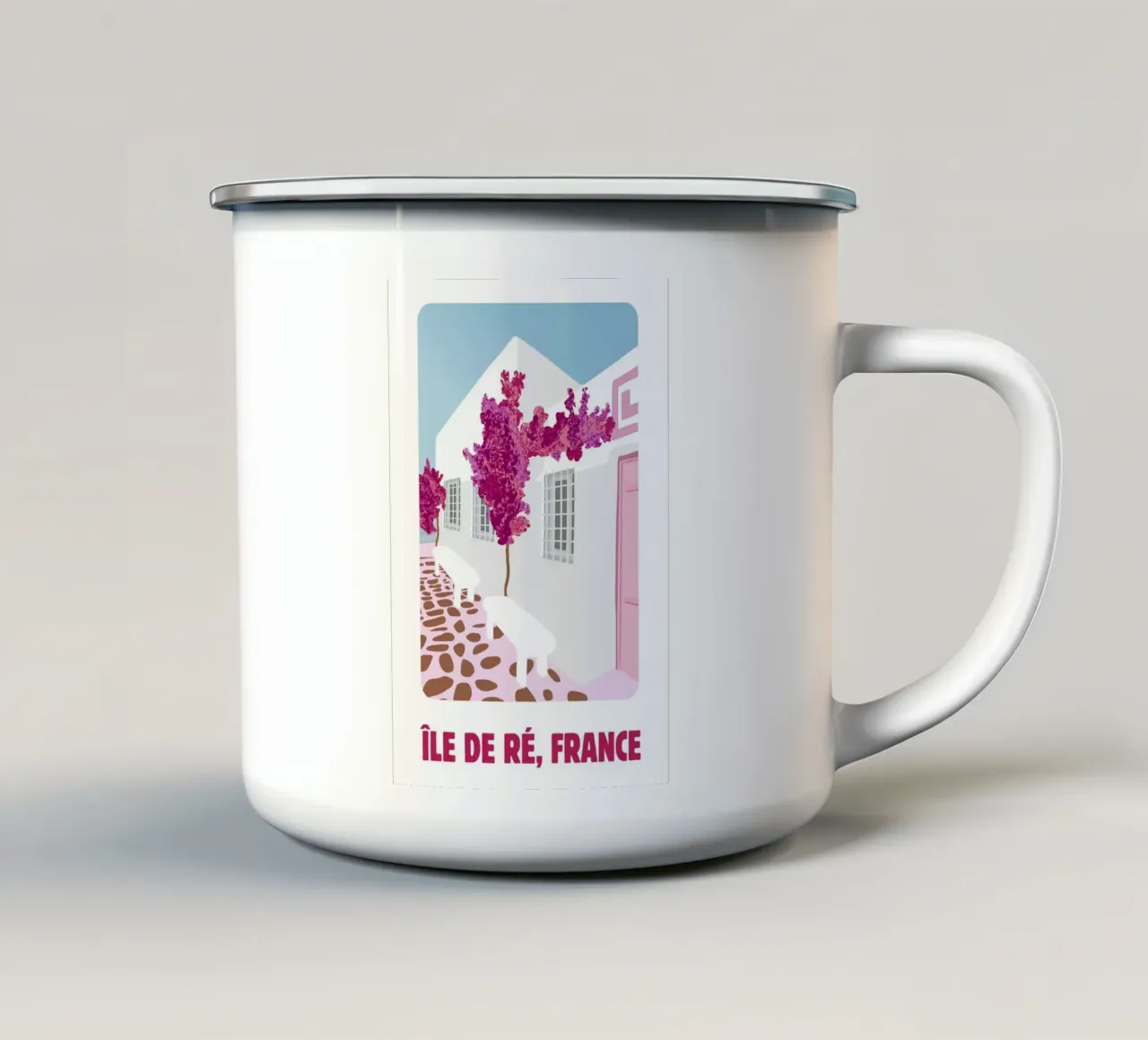 Poster di viaggio dell'Île de Ré - Bougainvillea rosa e case bianche tazza in smalto da NorwesClub