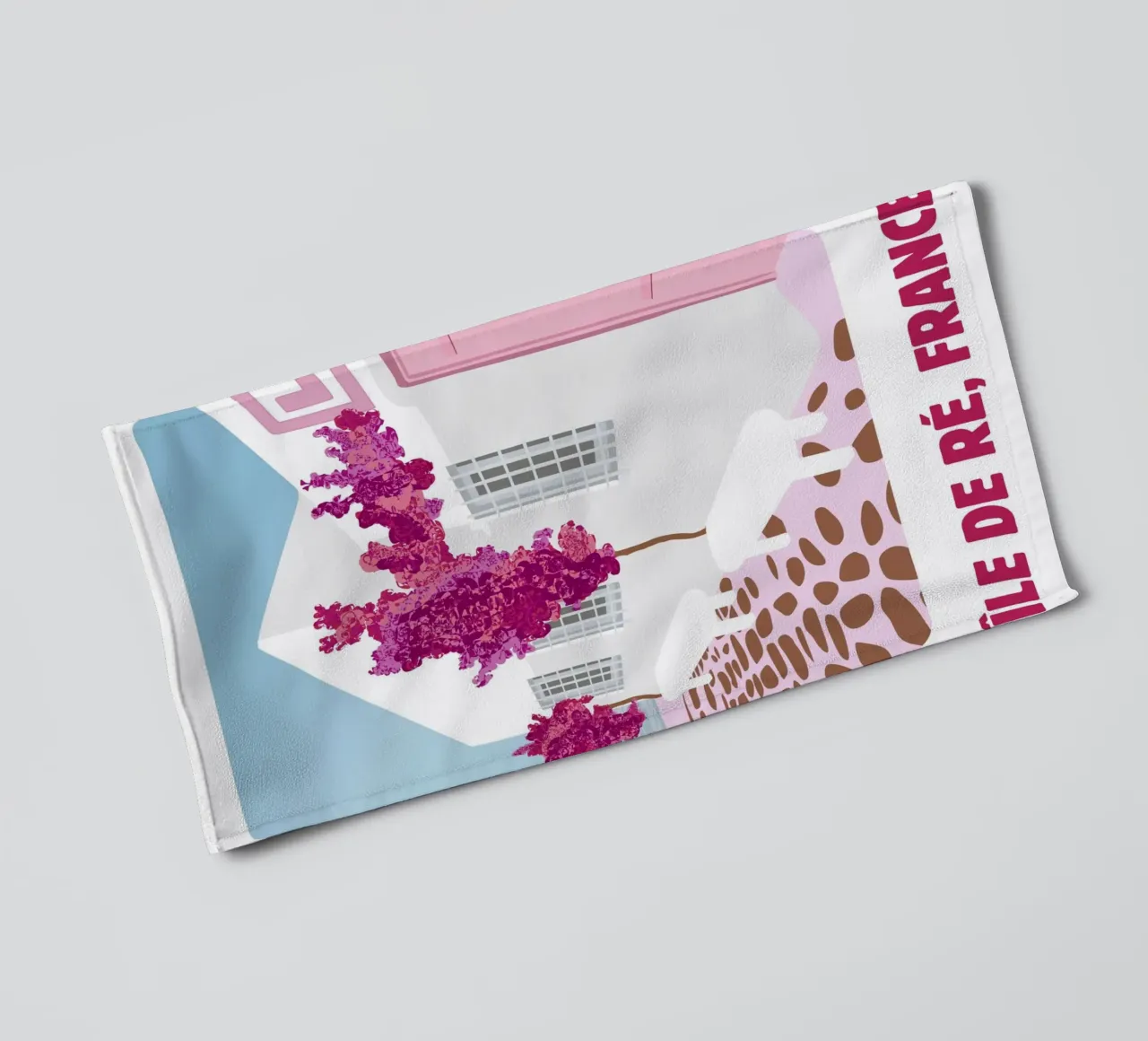Poster di viaggio dell'Île de Ré - Bougainvillea rosa e case bianche asciugamano da bagno da NorwesClub