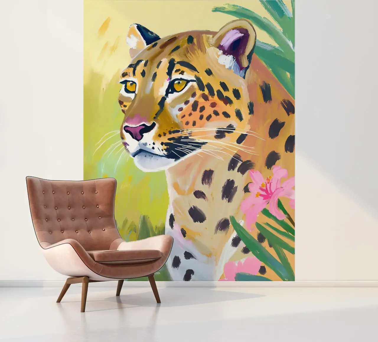 🌺🐆 Dreamy Leopard In Tropical Green photo wallpaper by Trinkets NL Design Studio