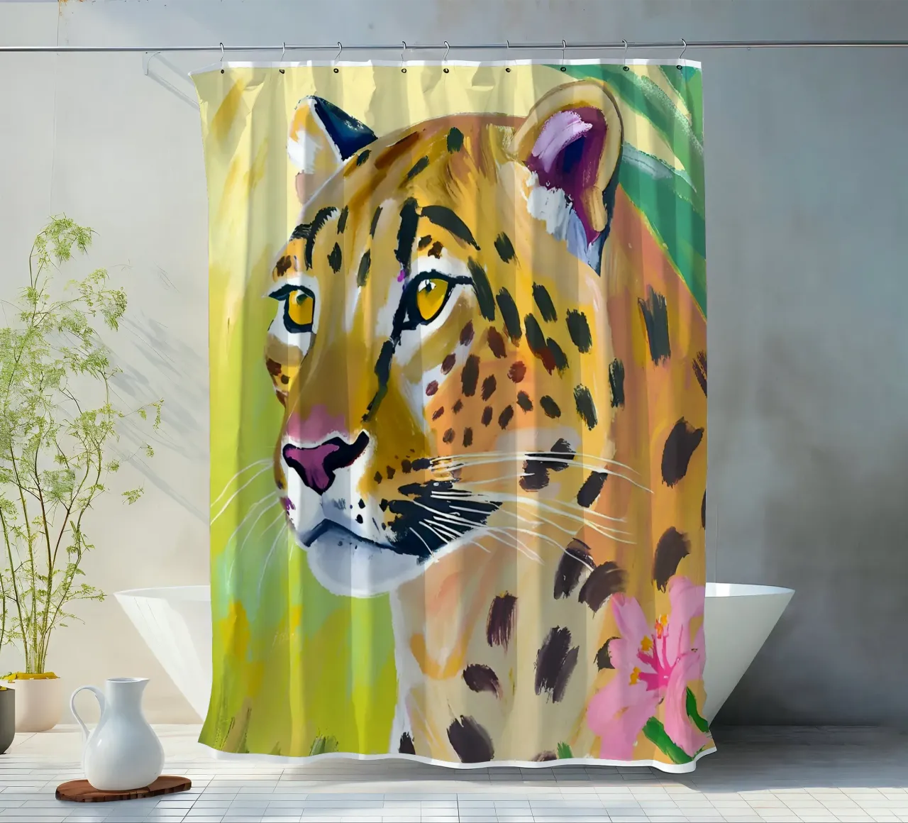 Verträumter Leopard in tropischem Grün Duschvorhang von Trinkets NL Design Studio