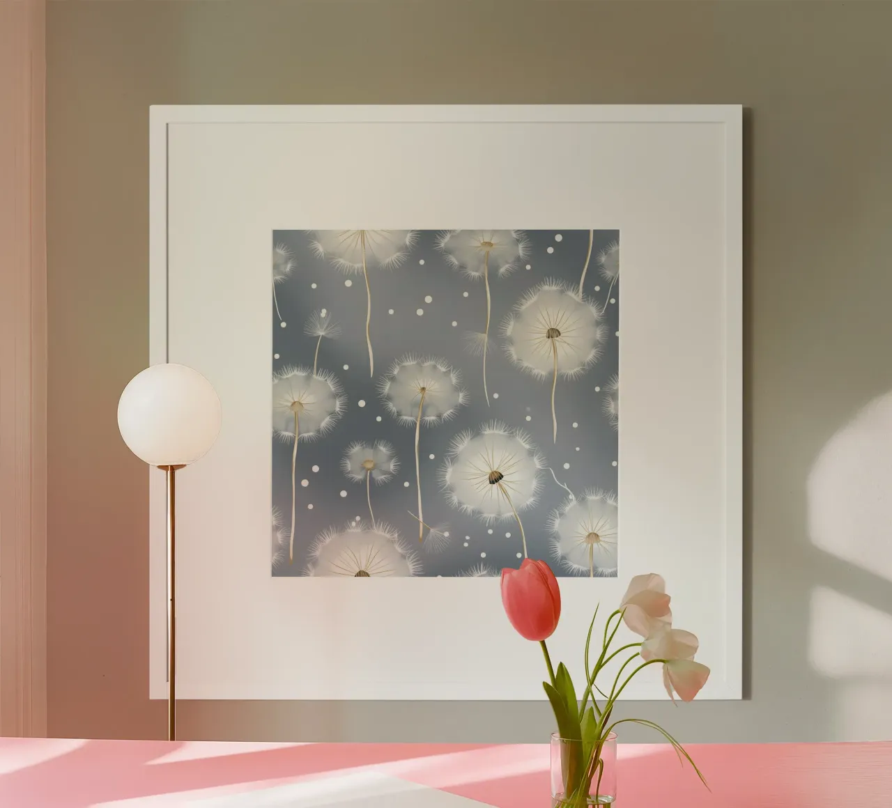 Das Flüstern des weißen Löwenzahns Poster mit Kunststoffrahmen von Botanical Pattern House