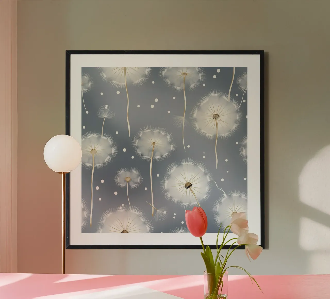 Das Flüstern des weißen Löwenzahns Poster mit Kunststoffrahmen von Botanical Pattern House