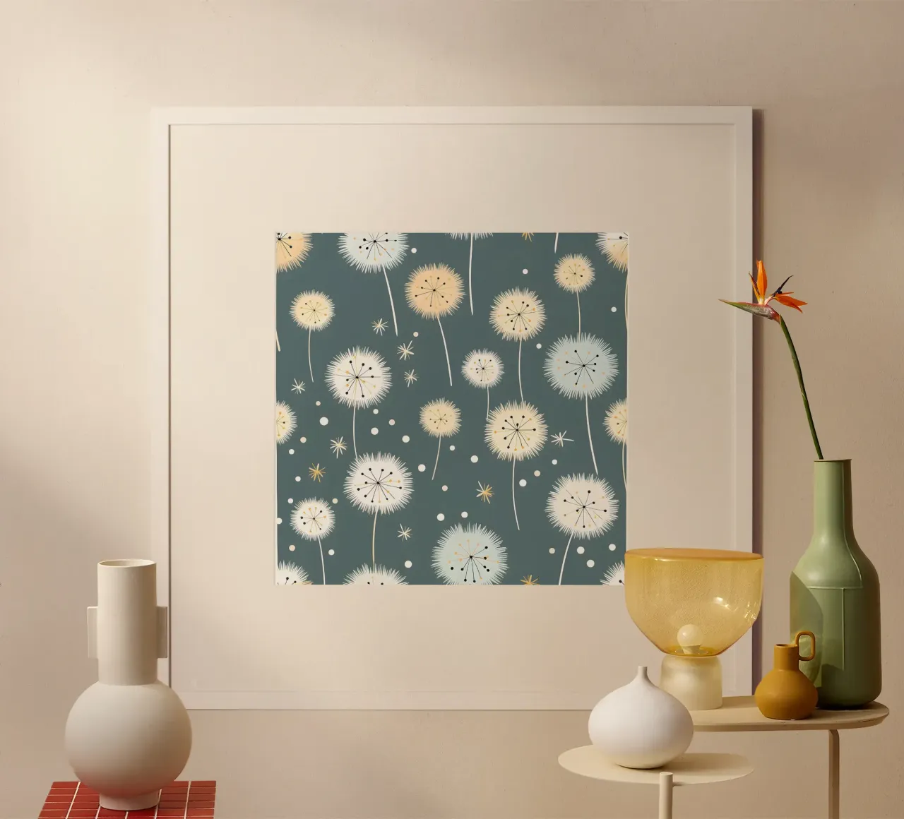 Sussurri di denti di leone bianchi poster con telaio in legno da Botanical Pattern House