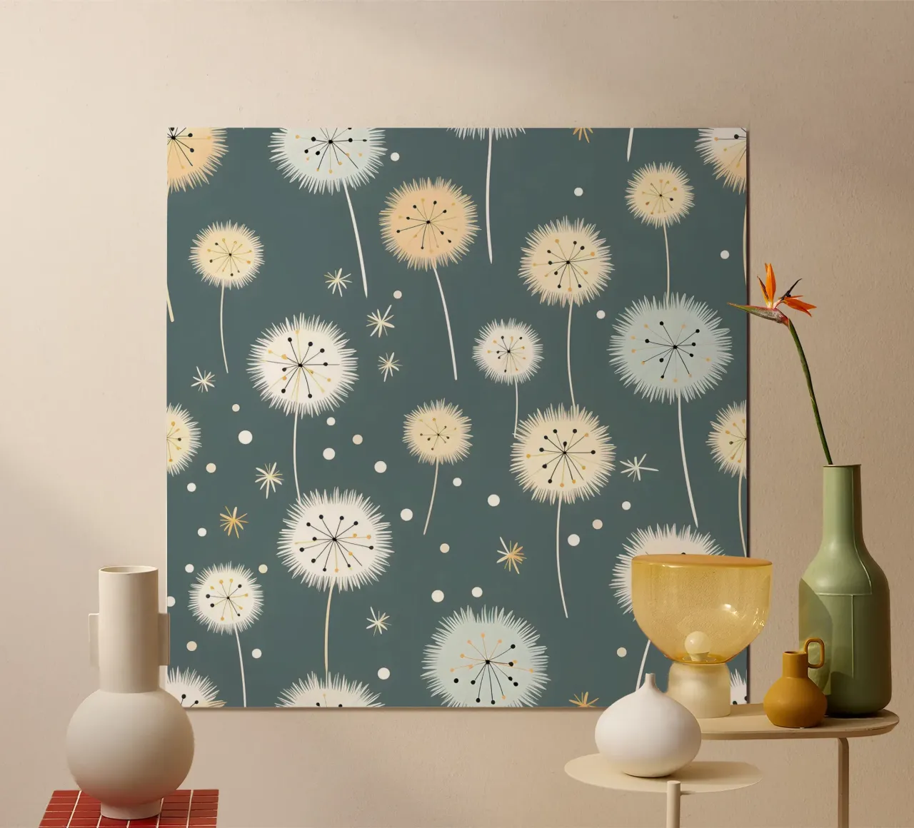 Sussurri di denti di leone bianchi poster con telaio in legno da Botanical Pattern House