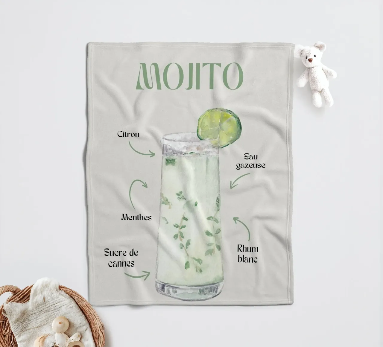 Mojito Classic: Refreshing Watercolor Cocktail Recipe Print fleece blanket by NorwesClub