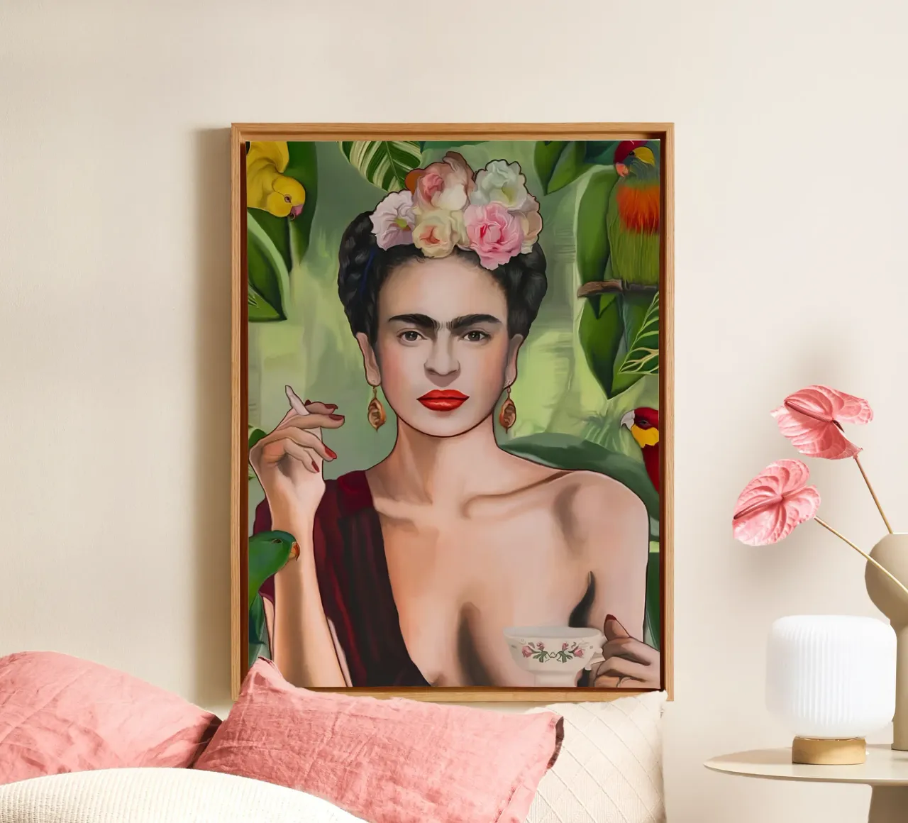 Frida Kahlo Tropical Pop - Exotisch, lebendig, Boho Chic Kunst Leinwand mit Schattenfugenrahmen von NorwesClub