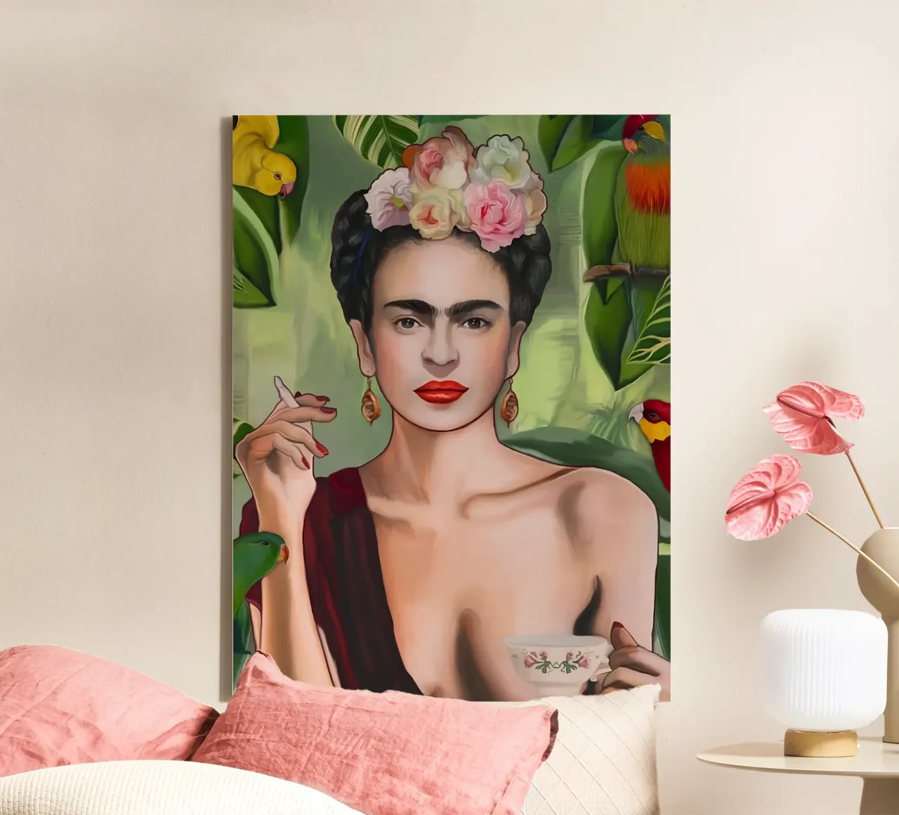 Frida Kahlo Tropical Pop - Exotisch, lebendig, Boho Chic Kunst Leinwand mit Schattenfugenrahmen von NorwesClub