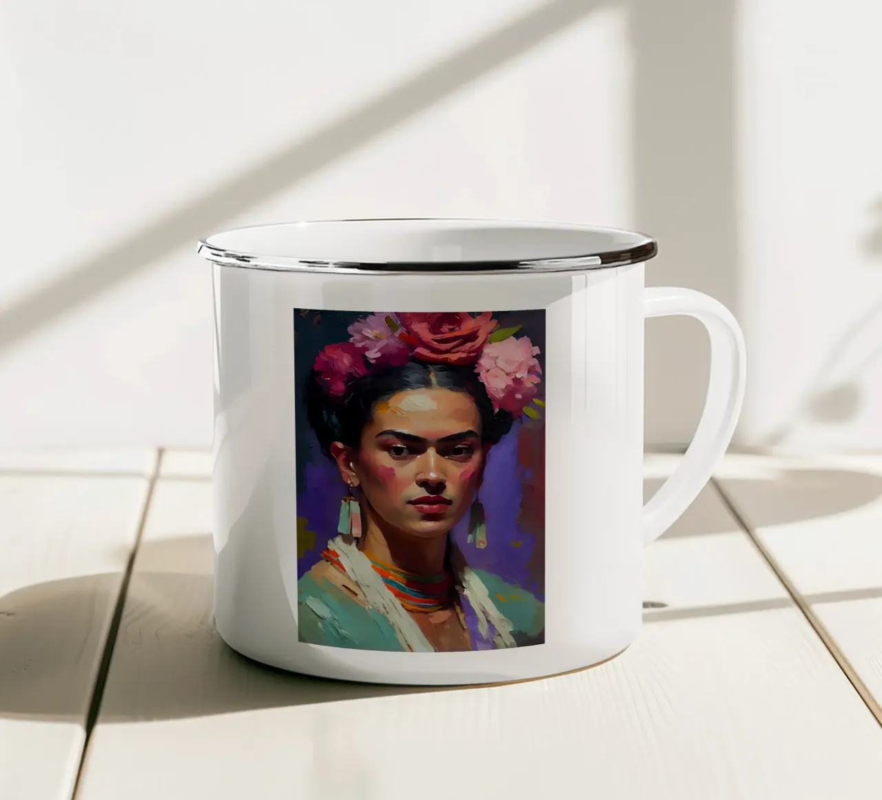 Ritratto espressionista di Frida Kahlo - Audace, testurizzato, colorato tazza in smalto da NorwesClub