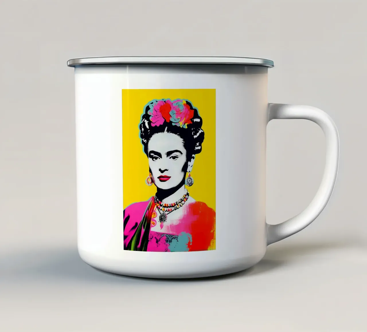 Frida Kahlo Pop Art - Ritratto in grassetto, colori iconici, design di tendenza. tazza in smalto da NorwesClub