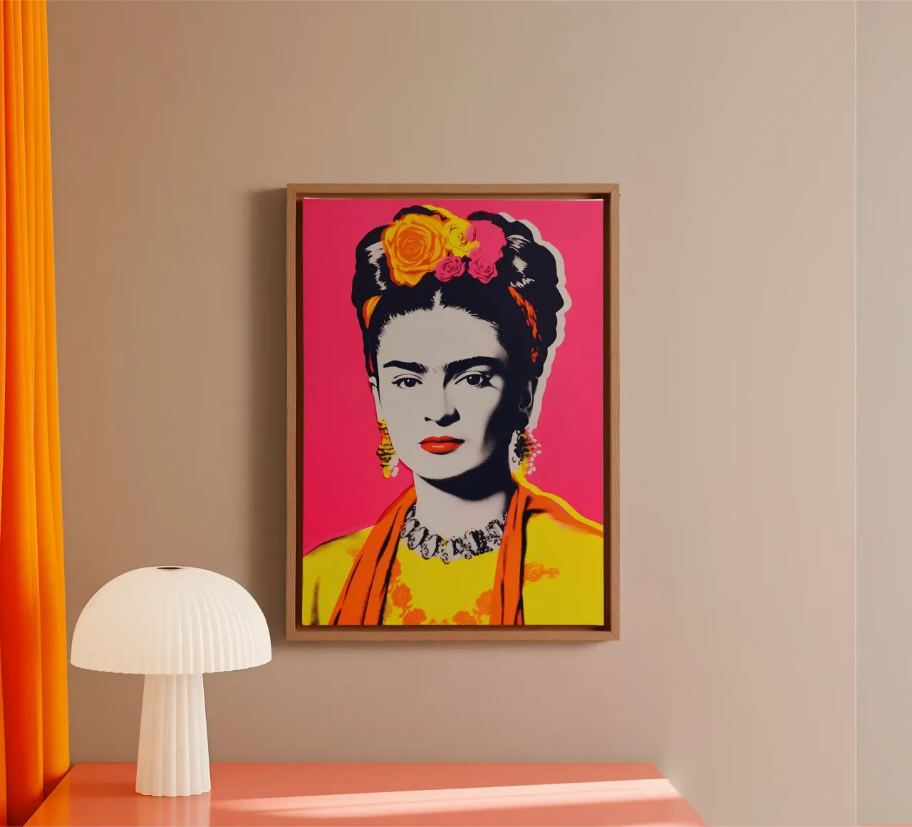 Frida Kahlo Pop Art - Iconisch portret, warm roze en geel Con canvas met Baklijst van NorwesClub