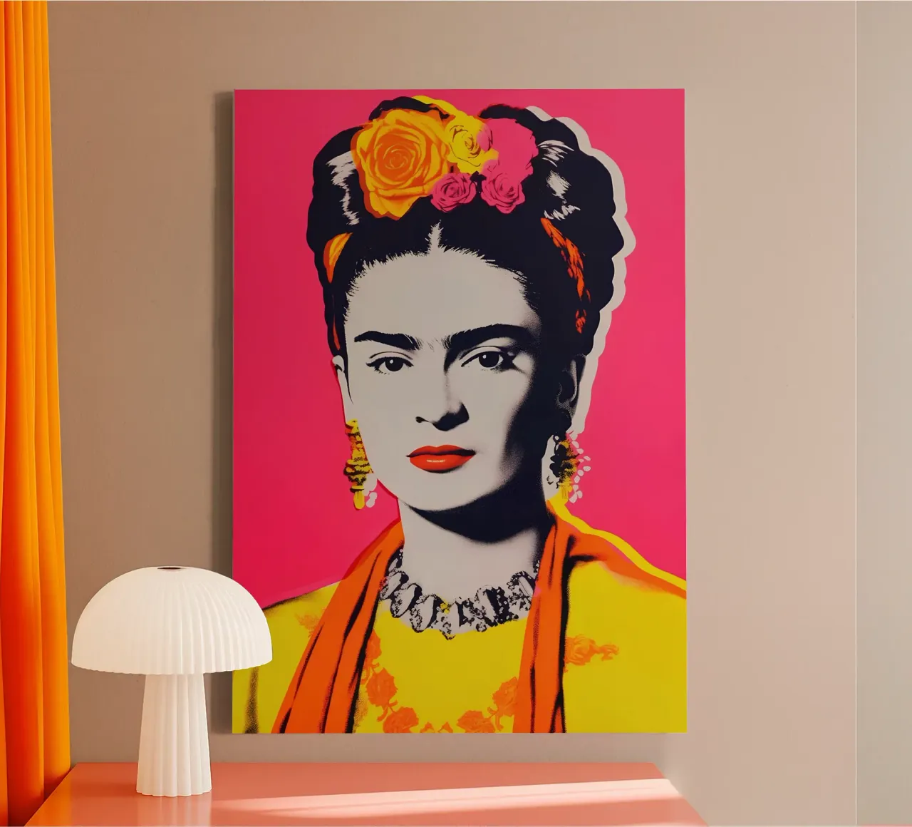 Frida Kahlo Pop Art - Iconisch portret, warm roze en geel Con canvas met Baklijst van NorwesClub