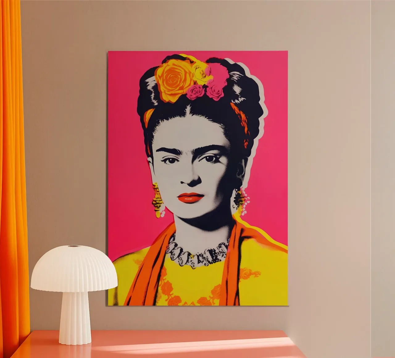 Frida Kahlo Pop Art - Ritratto iconico, rosa caldo e giallo con poster con telaio in alluminio da NorwesClub