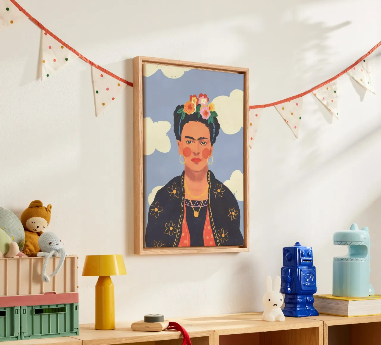 Frida Kahlo Whimsical Portrait - Volkskunst inspiriert, verträumt C Leinwand mit Schattenfugenrahmen von NorwesClub