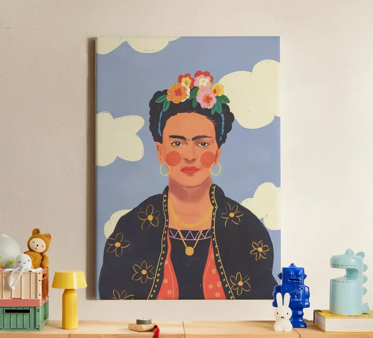 Frida Kahlo Whimsical Portrait - Volkskunst inspiriert, verträumt C Leinwand mit Schattenfugenrahmen von NorwesClub
