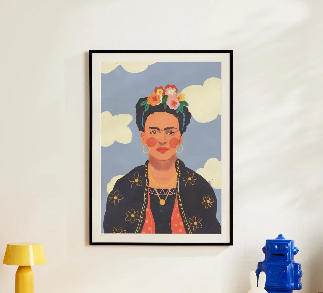 Frida Kahlo Whimsical Portrait - Volkskunst inspiriert, verträumt C Poster mit Holzrahmen von NorwesClub