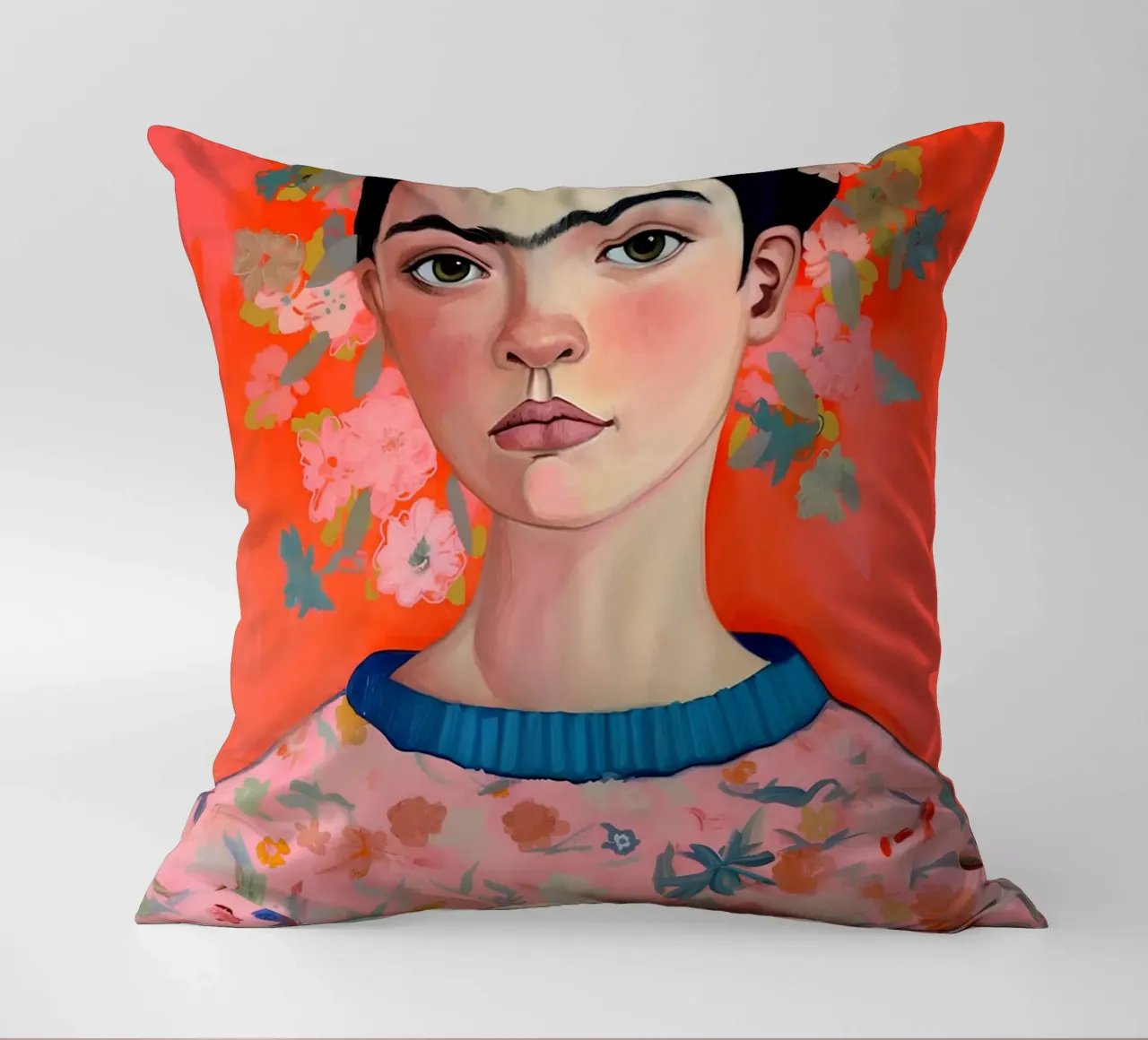 Ritratto contemporaneo di Frida Kahlo - Fiori vivaci e colori caldi cuscino da NorwesClub