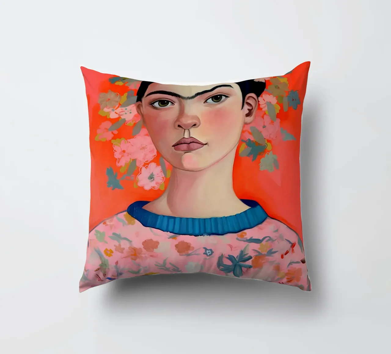 Ritratto contemporaneo di Frida Kahlo - Fiori vivaci e colori caldi cuscino da NorwesClub