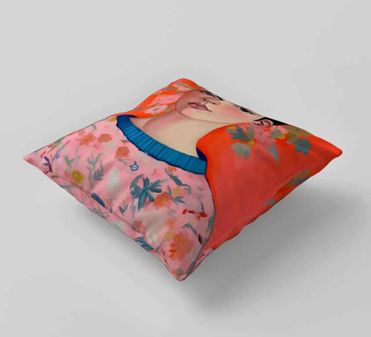 Ritratto contemporaneo di Frida Kahlo - Fiori vivaci e colori caldi cuscino da NorwesClub